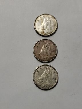 Three Canadian 1950's 10 Cent Coins - Bluenose Design - 80% Silver